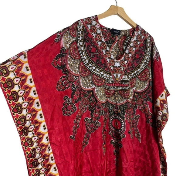Ashro 1990’s one size red black yellow Hippie‎ boho maxi v-neck caftan dress - Picture 3 of 7